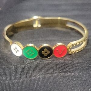 Gold-Tone Bangle Bracelet with Multicolor Enamel Medallions